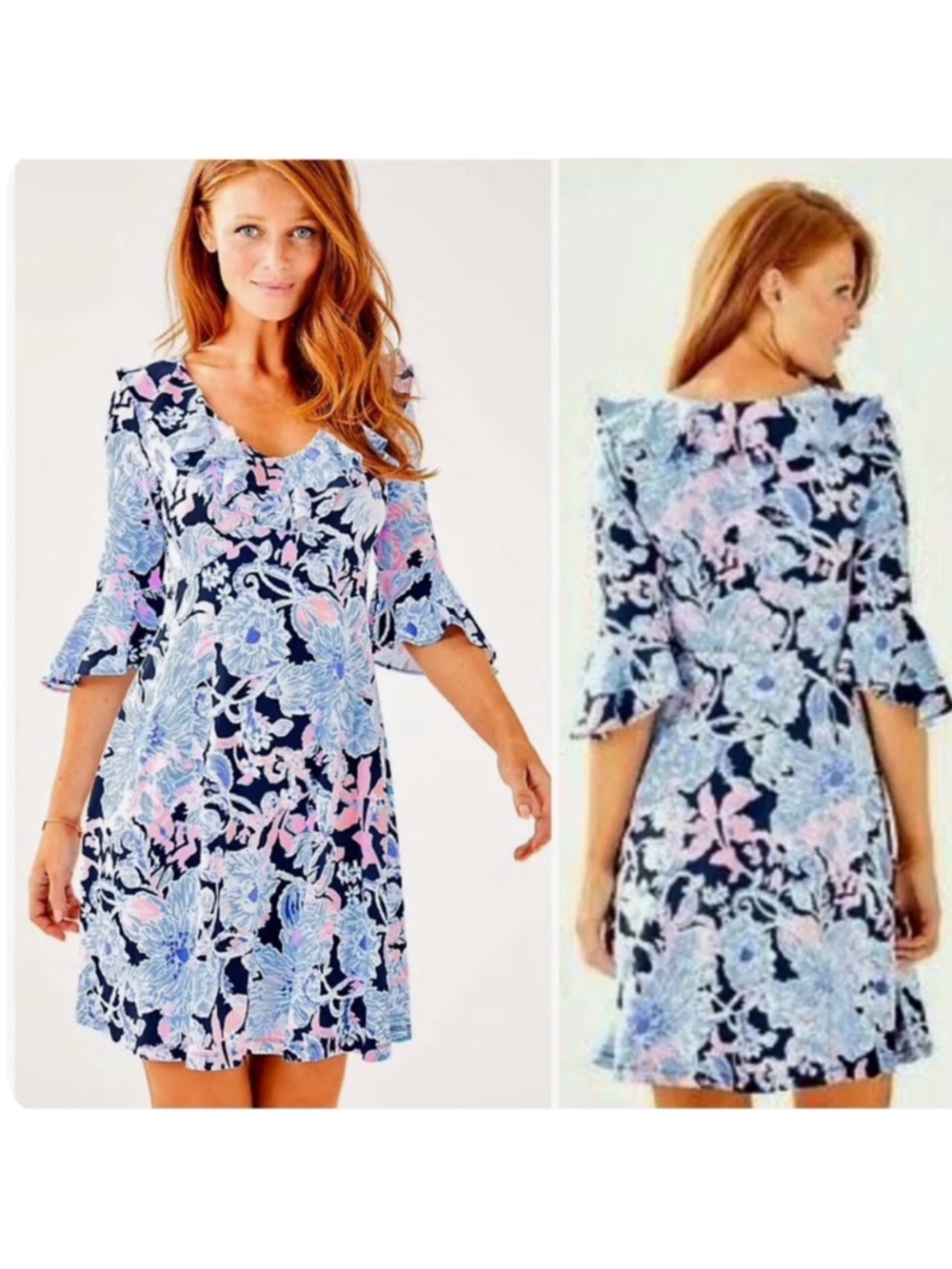 🌸 Lilly Pulitzer Stirling Ruffle Dress 3/4 Bell Sleeve, Bright Navy Amore Please - Picture 14 of 14